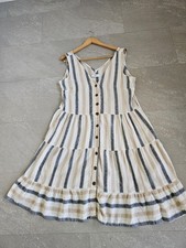 Next linen blend,stripped,beige mix, summer, holiday dress size 16. button front