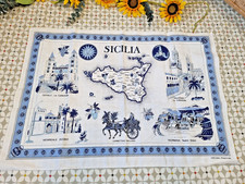 Vintage Sicilia Italian 100% Cotton Tea Towel Map Large 34" x 23" FAB RETRO