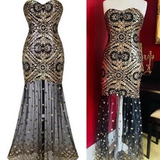 Angel Fashions Size L UK12/14 Mermaid Sheer Gold Black Gatsby 1920s Style Dress 