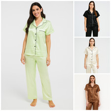 Women Satin Pyjamas Nightwear PJs Set Ladies Silk Short Sleeve Button Sleepwear