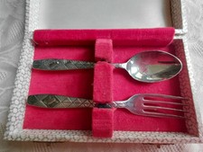 Vintage Rabbit Childs Spoon & Fork Set Original Box Christening Gift EPNS Yeoman