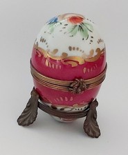 Limoges Signed Peint Main France Egg Trinket Box floral design