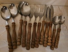 Vintage MCM Wood Handle Stainless Steel Cutlery Set Made In Japan