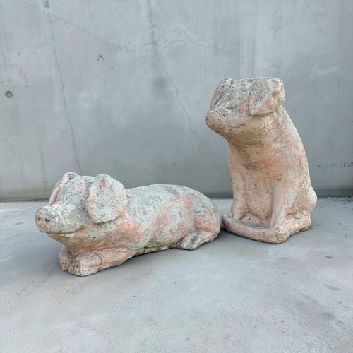 Pair cast stone - pig, garden