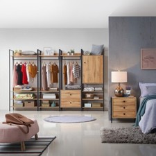 Open Wardrobe with Drawers Industrial Shelving Unit Clothes Hanging Rail Wood