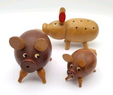 MCM Salt & Pepper Pig Shakers & Cocktail Stick Appetiser Holder Wooden Vintage 