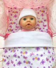 DOLLS PRAM COT BLANKET & PILLOW BEDDING SET PURPLE BUTTERFLIES  BABY ANNABEL