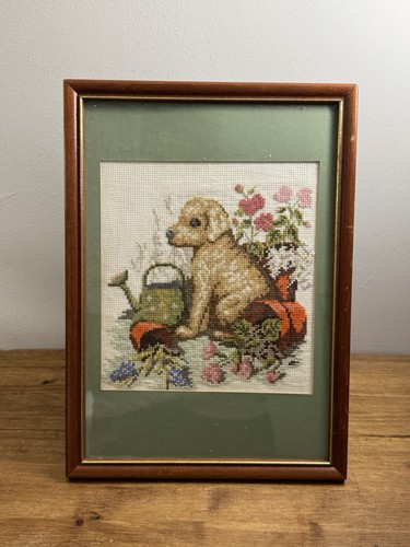 Vintage wooden framed puppy - framed, in