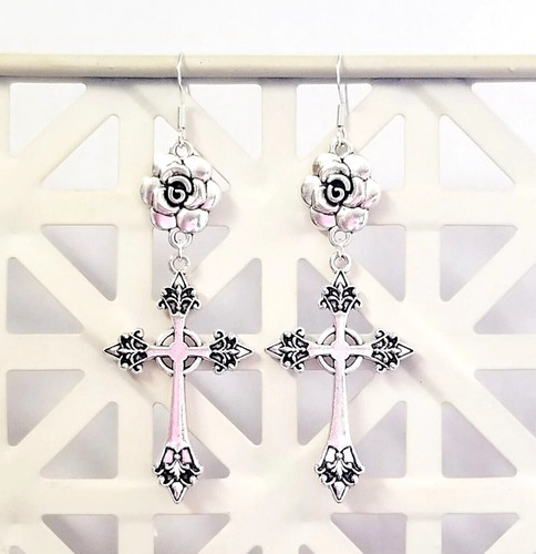 Rose cross earrings large - cross, earrings,