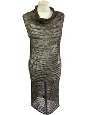 Sarah Pacini Sheer Sleeveless Knitted Midi Dress Size S Taupe Metallic Silver