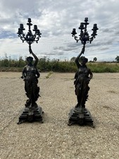 Statue of Liberty Figural Candelabra on Black Marble Base Large Bronze Torchere