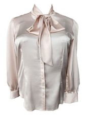 Shiny Pink Pussybow Tie Neck Hidden Button Placket Blouse 46"/48" Bust.