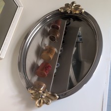 French Metal Vintage Oval Tray Yellow Metal Bow Handles 1980s