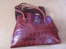 Russell & Bromley Tan Leather Moc Croc Large Shoulder Tote Bag Kiss Lock Closure