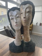 Vintage Modigliani Style Modernist Capiz Shell Two Heads Sculpture Man & Woman