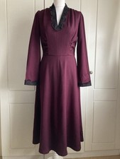 Vintage Victorian Style Burgundy Wool Gothic Steampunk Midi Dress UK 8-10