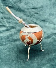 Vintage Argentinian Mate Gourd Cup And Spoon Straw