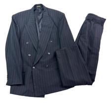 vtg 90s Navy Blue Chalk Stripe 42R 36x31 2pc Pant Suit Double Breasted Pleated