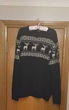 George Xmas Jumper Black With  Cream Stag Design Size 2XL