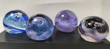 Caithness Scotland 4 Moon Crystal Paperweights Stamped Blue Purple White Black