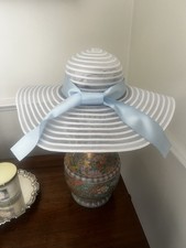 White Striped Edge Cape line Wide Brim Hat with pale blue satin ribbon 