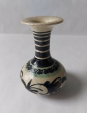Vintage Ethnic Glazed Pottery Bud Vase 11.5cm Beige, Black, Brown & Duck Egg