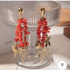 Zara Gold Metal Coral Red Large Bead Tassel Seashell Shell Statement Earrings