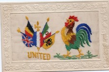 WW1 Embroidered SILK POSTCARD United - Patriotic French Cockerel & Allied Flags