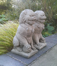STONE GARDEN PAIR OF FOO DOG LION STATUES CHINESE ORIENTAL ORNAMENTS FINIALS