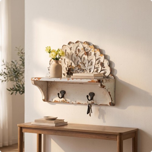 Carved wall shelf - carved, distressed