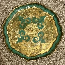Florentine like Serving Tray Vintage Italian Gold and Green Ornate 29cm