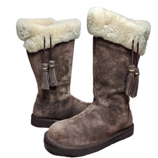 UGG Plumdale Tassel Tall Genuine Sheepskin Boots Sz 8 Zip Espresso Suede 1894