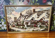 Vintage Framed Winter Needlepoint Tapestry English Thatched Cottage, Church Snow
