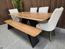 Lucio Industrial 200cm Acacia Wood & Iron Dining Table, Bench & 4x Boucle Chairs