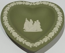 Wedgwood, Jasperware White on Green - Heart Shaped Sweets/ Trinket/ Pin Tray