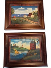 D Lacey Derstine Framed Folk Art Print Pair Vintage 1993 Landscape Coast Animals