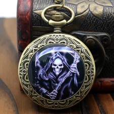 Steampunk Grim Reaper Retro Quartz Pocket Watch Death Scythe Pendant Chain