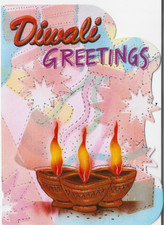 A VINTAGE SHAPED DIWALI GREETINGS CARD &  ENVELOPE ~ GREETINGS IN TWO LANGUAGES