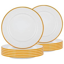 12x White Enamel Dinner Plates Metal Outdoor Camping Food Dishes 25.5cm Yellow