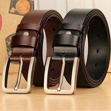 Mens Genuine Leather Belt Belts Real New Buckle For Trouser Jeans Black Brown UK