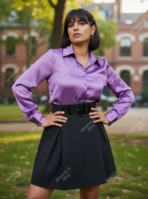 Purple shiny satin secretary button front blouse. 44"/46" bust. New size 18/20