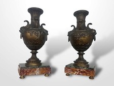 Pair Of French Spelter Vases Urns On Marble Bases