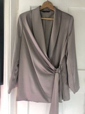 F&F Size 18 Taupe Satin Evening Jacket Draped Wrap Style Long Sleeve 