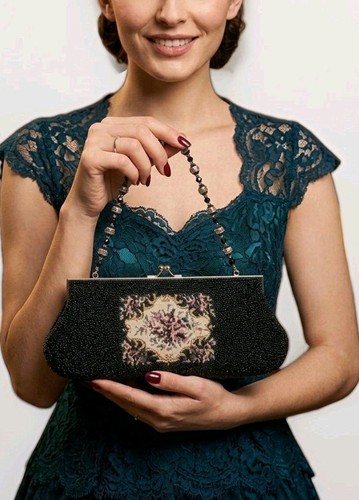 Vtg 1940s black - beaded, floral