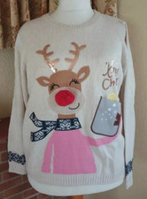 Next Christmas REINDEER Beige Red Pom Pom Nose Jumper - Size Large 16 18 .