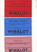 3 x Dog show winning tickets 1950's sponsored by Winalot. 1st / 2nd and Special