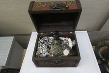 vintage wood chest Jewelry Box  full of costume jewellery vintage and modern