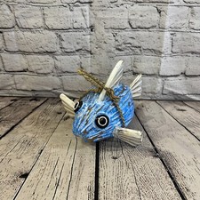 White Blue Folk Art Hand Painted Puffer Fish Coconut Shell Ornaments Hanging