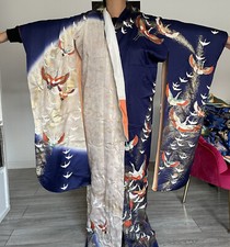Japanese Kimono Silk Real Craft With Navy Blue Gold Details Genuine Kyoto Japan