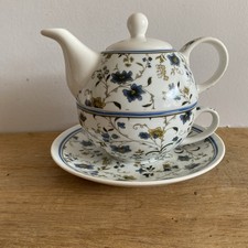 V&A Tea For One Teapot Cup & Saucer Set Fine China Floral Blue White - 5.5"